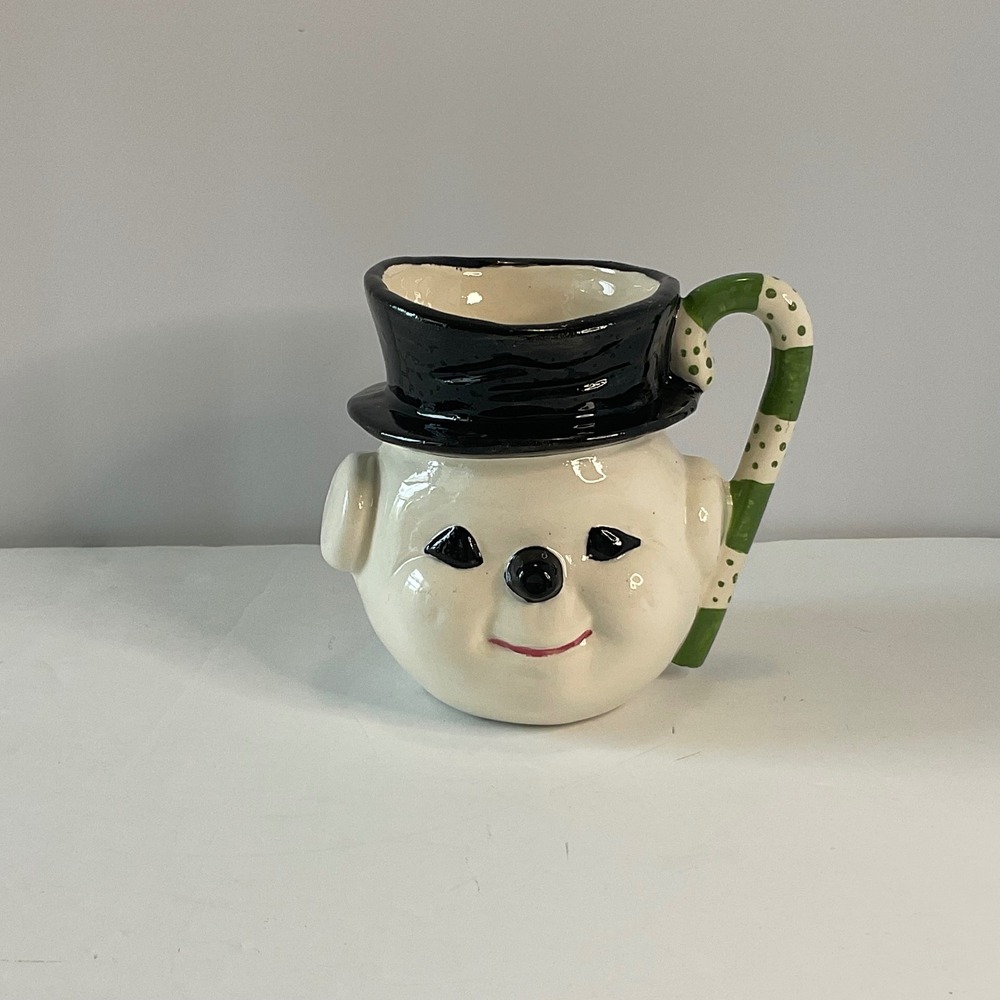 Vintage Ceramic Snowman Mug Top Hat Candy Cane Handle Christmas Cocoa Cup 4 inch